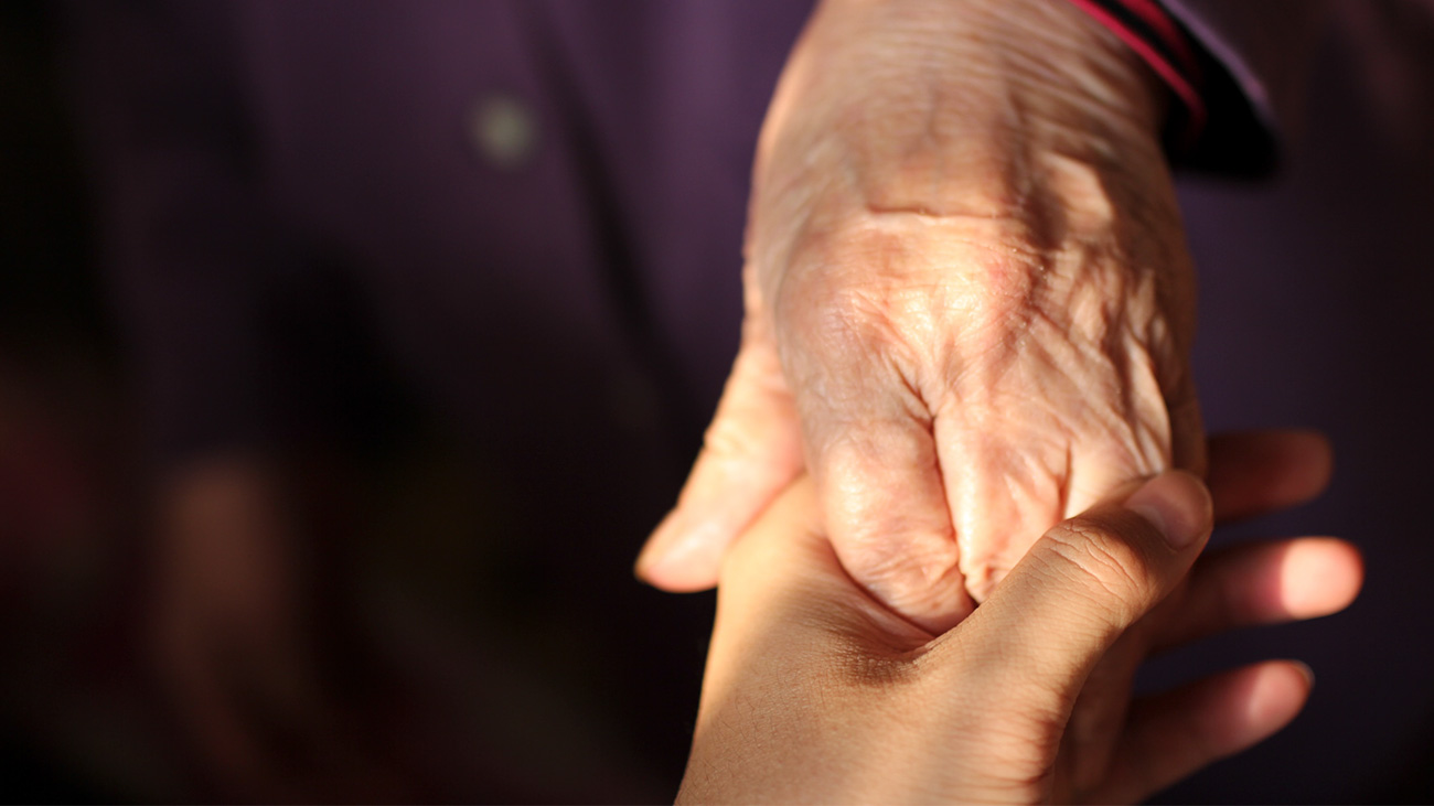 Auf dem Bild sieht man die Hand einer jungen Person, wie sie die Hand einer älteren Person hält.